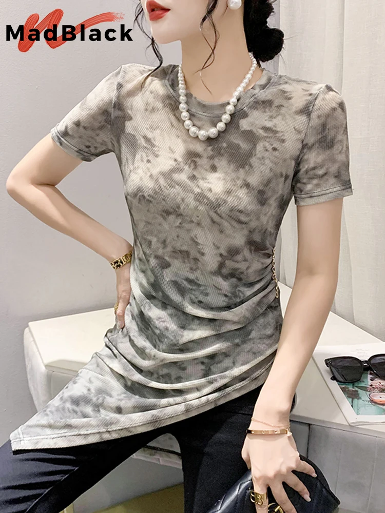 MadBlack Summer European Clothes Medium Long T-Shirt Retro Women Sexy Asymmetrical Print Slim Tops Short Sleeves Tees T35260C