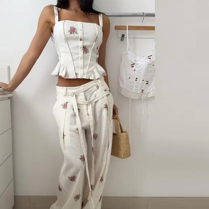 Eleganter bedruckter Damen-Westen-Hosenanzug, ärmelloses Oberteil mit Blumenmuster, plissiert, weit geschnittene Hose, Damen-Set, Sommer-Herbst 2026, Damen-Sets – Detail 8