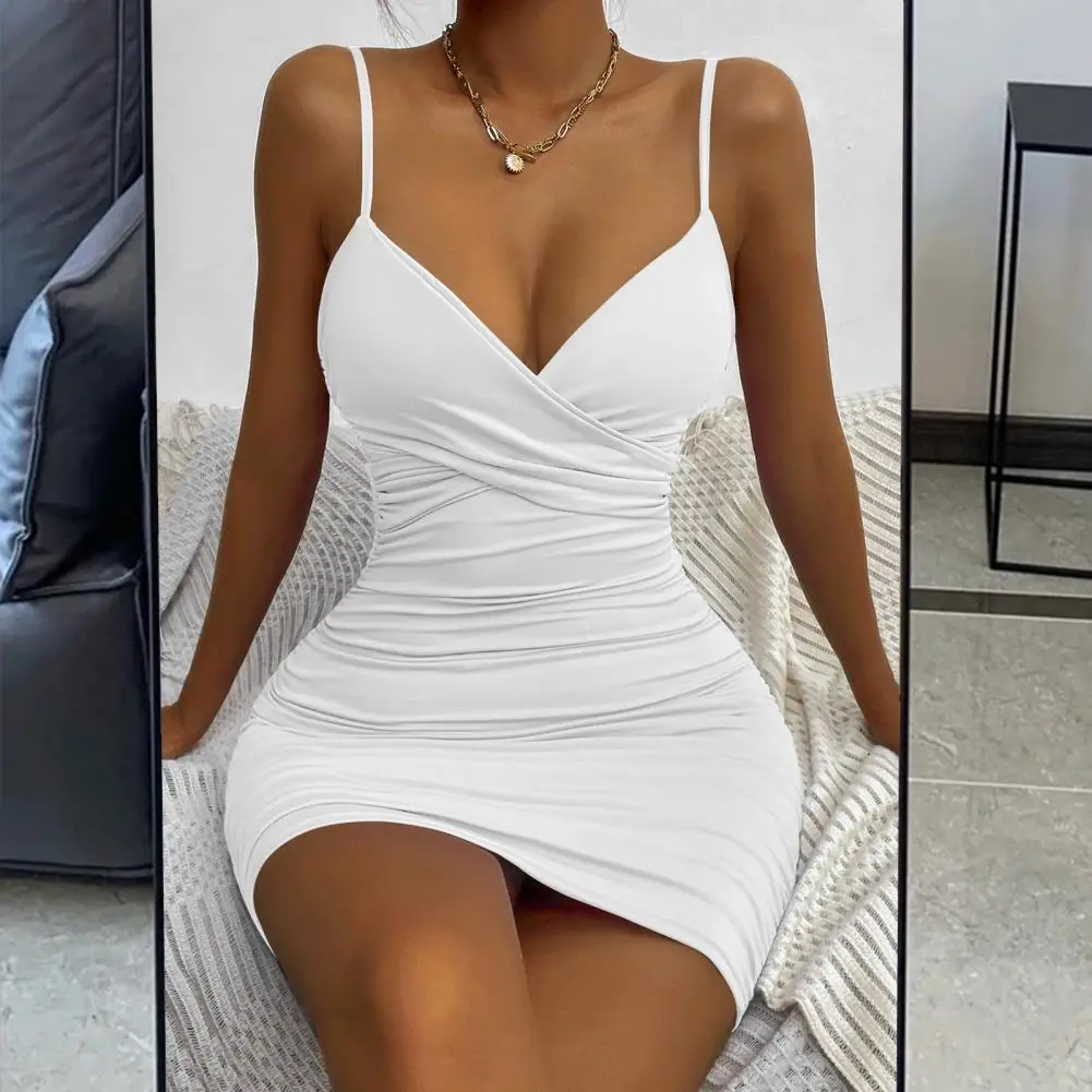 Lady Short Dress Elegant Pleated Spaghetti Strap Slip Dress with V Neck Backless Design for Summer Parties Proms Party Dress