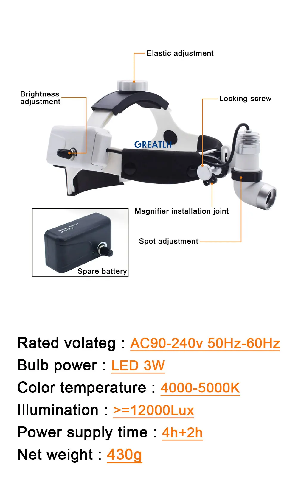 GREATLH LED 3W Medical Led Light Head Wireless Integrated Light Lamp Medical Oral Dental ENT Examination Instrument