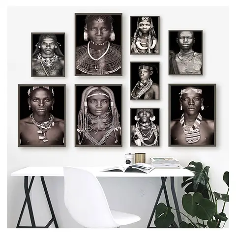 Decoración del hogar, pintura en lienzo en blanco y negro para sala de estar, cuadros de pared, retrato artístico de pared para hombre y mujer africana