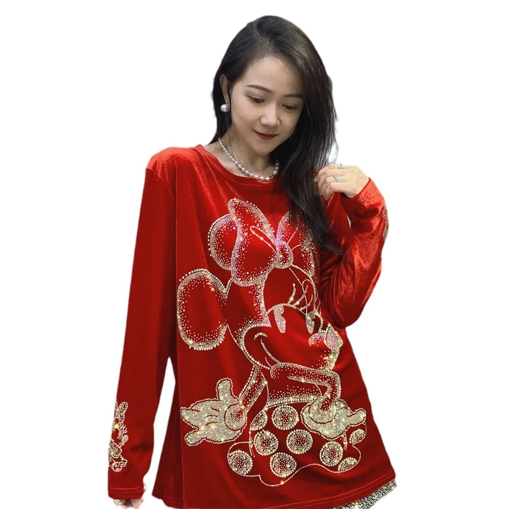 Autumn Winter New Round Neck Pullover Gold Velvet Long-sleeved Top Women Loose Cartoon Diamond-encrusted Black Bottoming Shirt