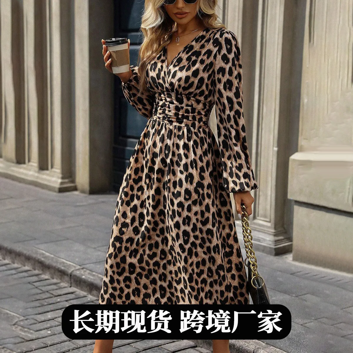 

Cross-border AliExpress EuropeanandAmericanleopard print dress for women 2025 autumn new style printed lantern sleeve long skirt