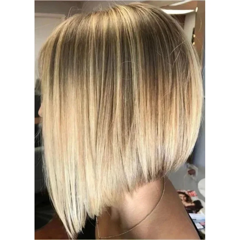 

100% Human Hair New Fashion Women's Brown Mix Blond Straight Wigs 12 Inch