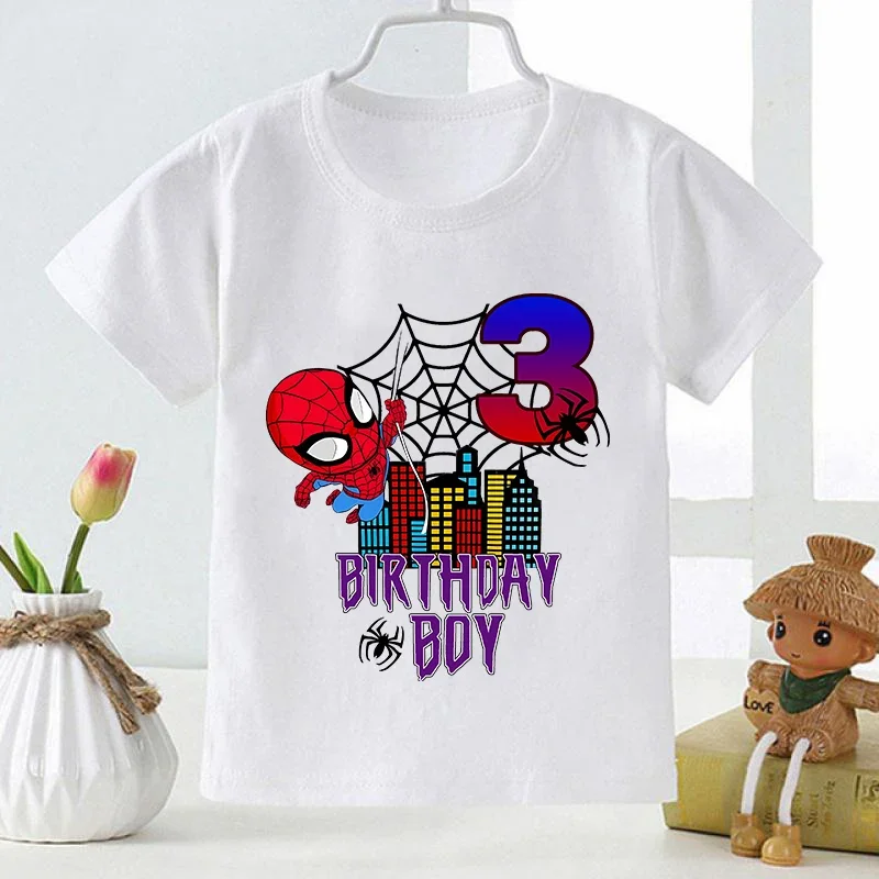 Spidermans Birthday Number T-shirt Boys Marvels Superhero Cartoon Tee Summer Short Sleeve T-shirts 1-9 Age White Tshirt Kid Gift