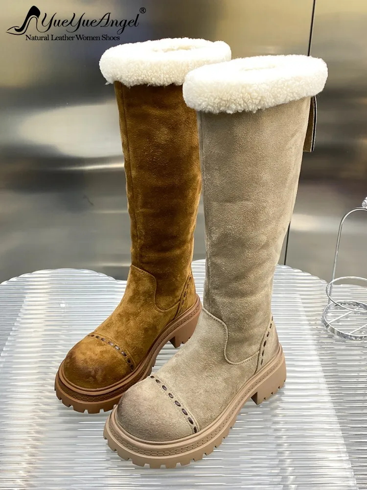 Winter Women Thick Warm Fleece Lining Knee High Snow Boots Thick Platform Real Suede Leather Knight Boots Vintage High Top Shoes