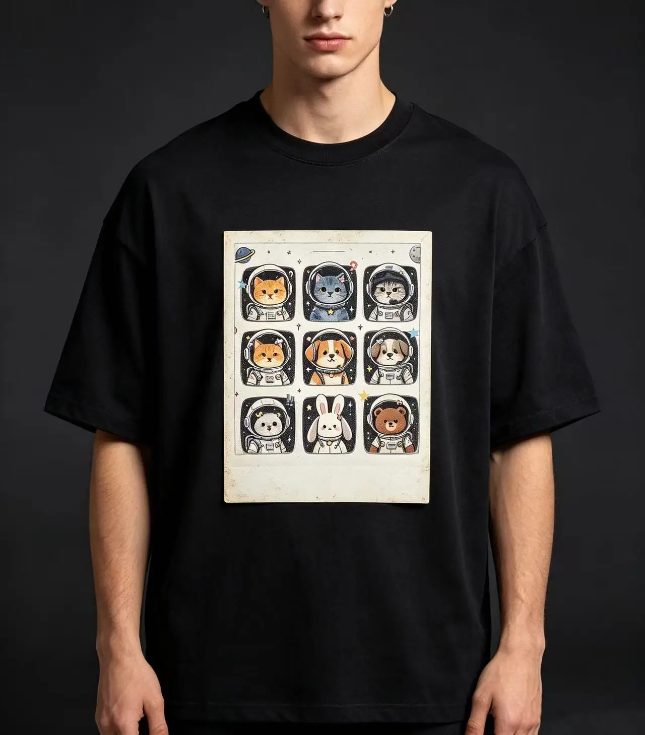 Unisex Cute Astronaut Animals Grid Cat Dog Rabbit Bear Space Planet Cartoon Graphic T Shirt Men Women Kawaii Animal Print Oversized Cotton Tee