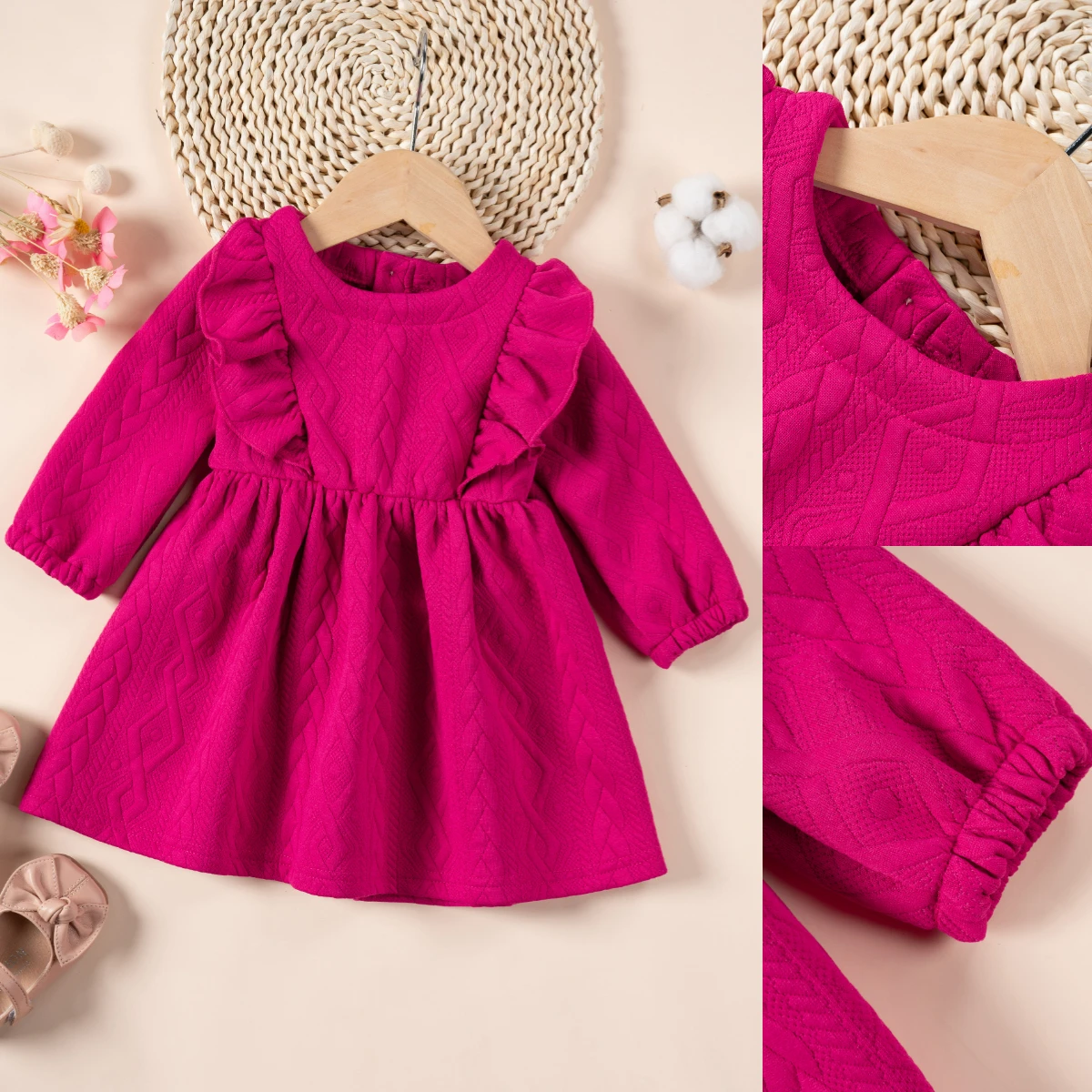 Winter New Baby Girl Dress Cute Ear Long Sleeve Dress Daily Casual Solid Color Princess Dress Baby Clothing