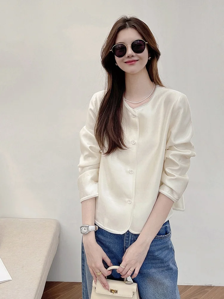 

Korean Sle Pure Color Long Sve round Ne Silk Woolen Jaet Women's Early Autumn New Faion Versatile Top Quali Brand