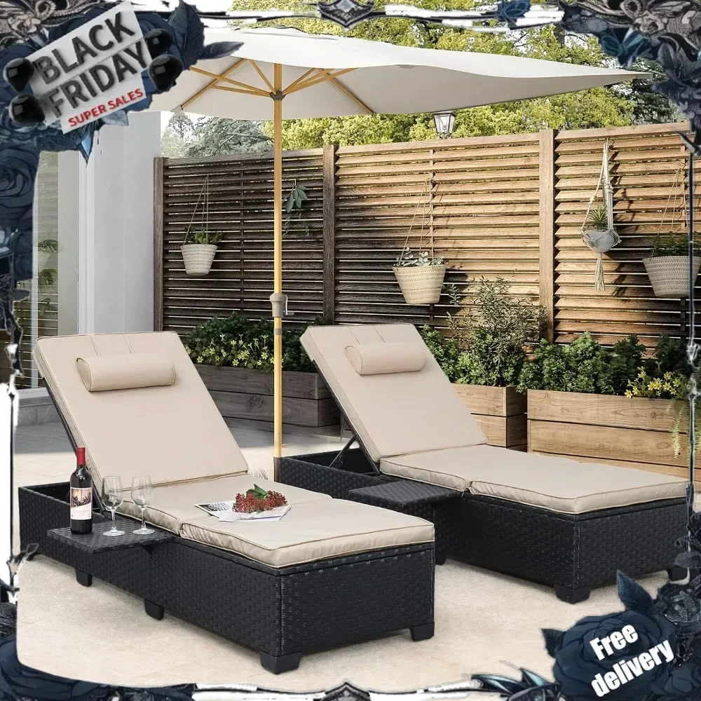 Outdoor PE Wicker Chaise Lounge Chairs Set of 2 Patio Black Rattan Reclining Chair Adjustable Backrest Pool Sunbathing