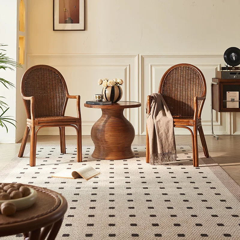 

Retro style hand-woven rattan rattan chair tea table three-piece set table and chair balcony single leisure backrest living