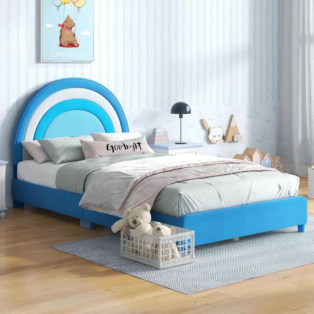 

Twin Bed Frames for Kids, Upholstered Wooden Kids Bed w/Adjustable Headboard, Slats Support, 660 LBS Weight Cap