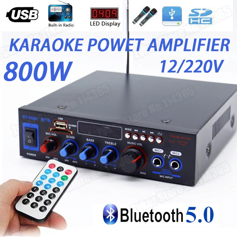 BT-309A 298A Bluetooth Amplifiers HIFI USB FM Radio Car Audio Amplificador Subwoofer 12V/220V HIFI 2CH Home Theater Amp MAX 800W