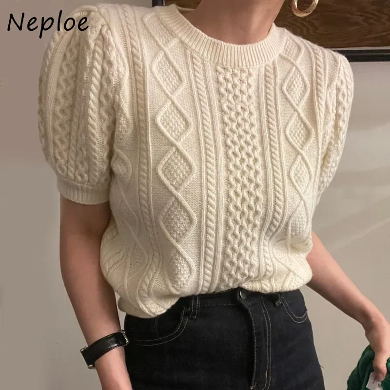 Neploe Retro Temperament Crewneck Sweaters Women Hemp Pattern Short Puff Sleeve Knit Crop Top Woman 2024 New Knitwear Pullover