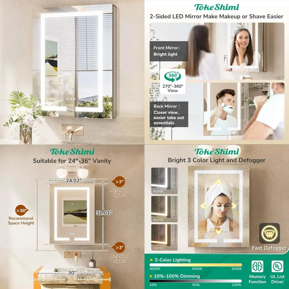 TokeShimi 24x32 Anti-Fog Led Medicine Cabinet Mirrored for Bathroom Surface or Recessed, Medicine Cabinet Mirror with Lights 3 C