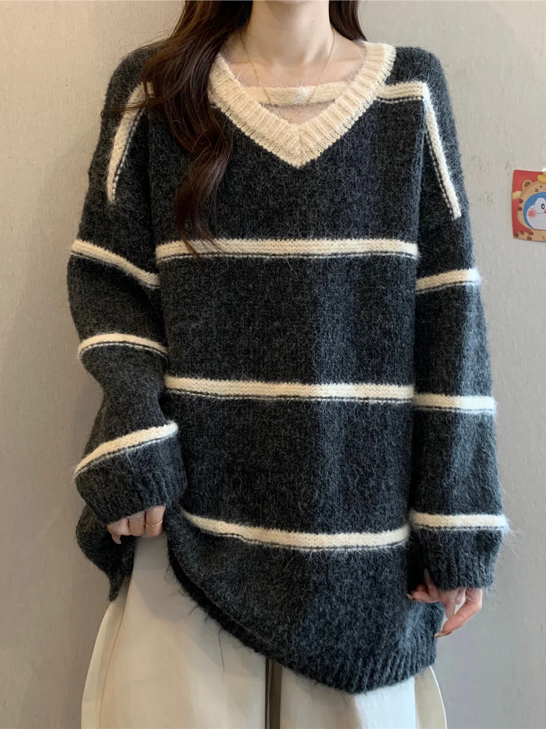 

Thiened свободный женский свитер, пальто в полоску, длинный све, трикотаж, повседневная одежда, осень-зима, большие размеры, удобная верхняя одежда