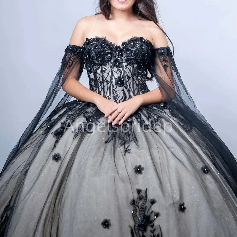 Angelsbridep-Elegante vestido de baile preto com apliques 3D, vestido Quinceanera, vestidos de festa, 15 anos