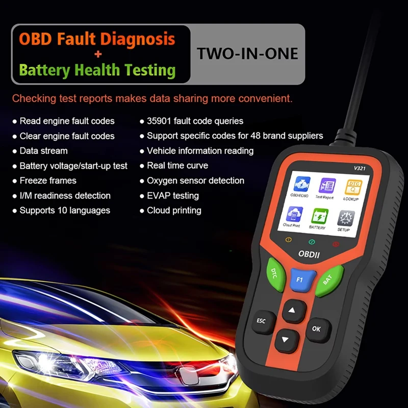 OBD2 Scanner Diagnostic Tool Code Reader Fault Code Scanner, Streaming Battery Testing and Code Clearing-AC17