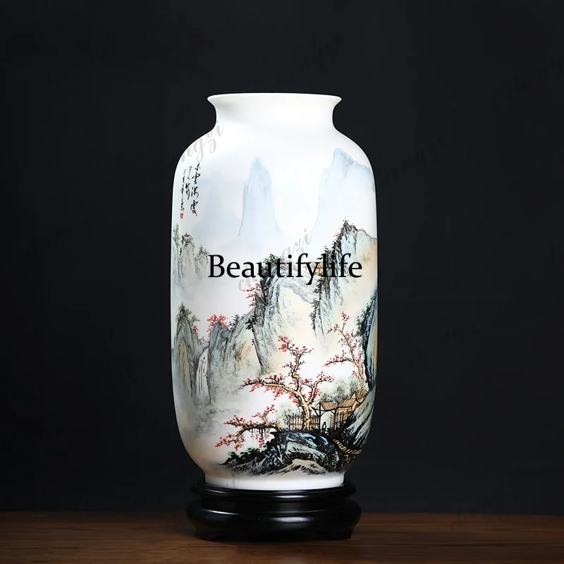 A95 ceramic large hand-painted landscape vase ornament solid wood home furniture Bogu frame entrance decoration