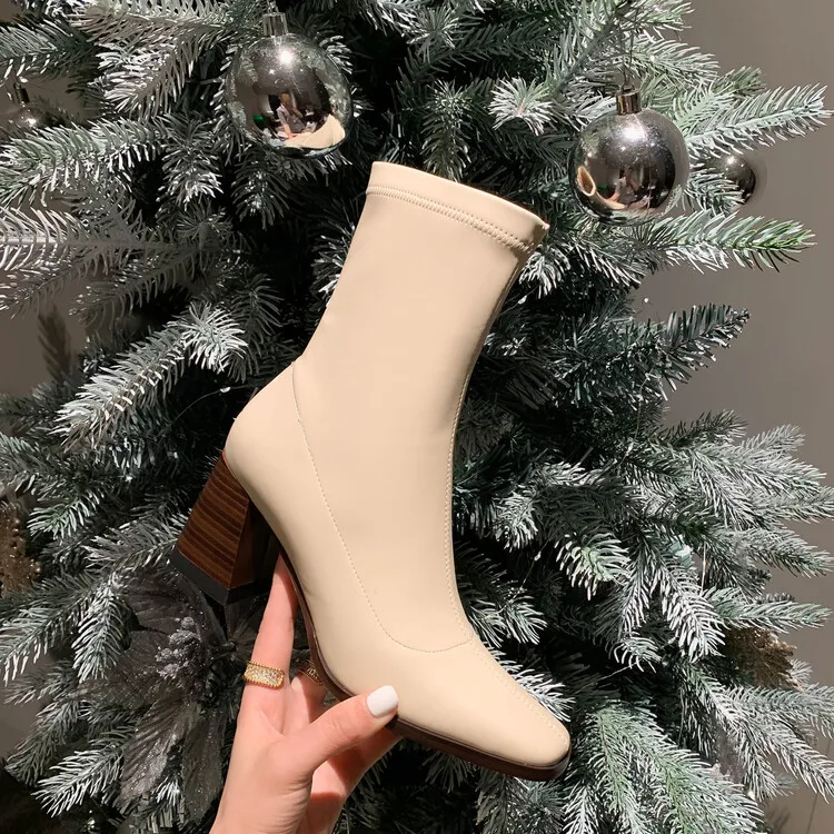 

Women's Boots Autumn Luxury Designer White Shoes Zipper Fashion Pointy High Heel Rubber Med Ankle Leather Ladies PU Solid Square