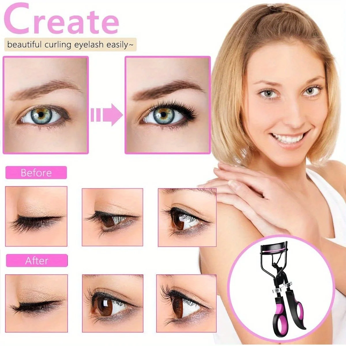 

Women's Eyelash Curler Heavy-Duty & Ergonomic Handle with Contoured Design Black & Pink with Pink Tips Long-Lasting Lift
