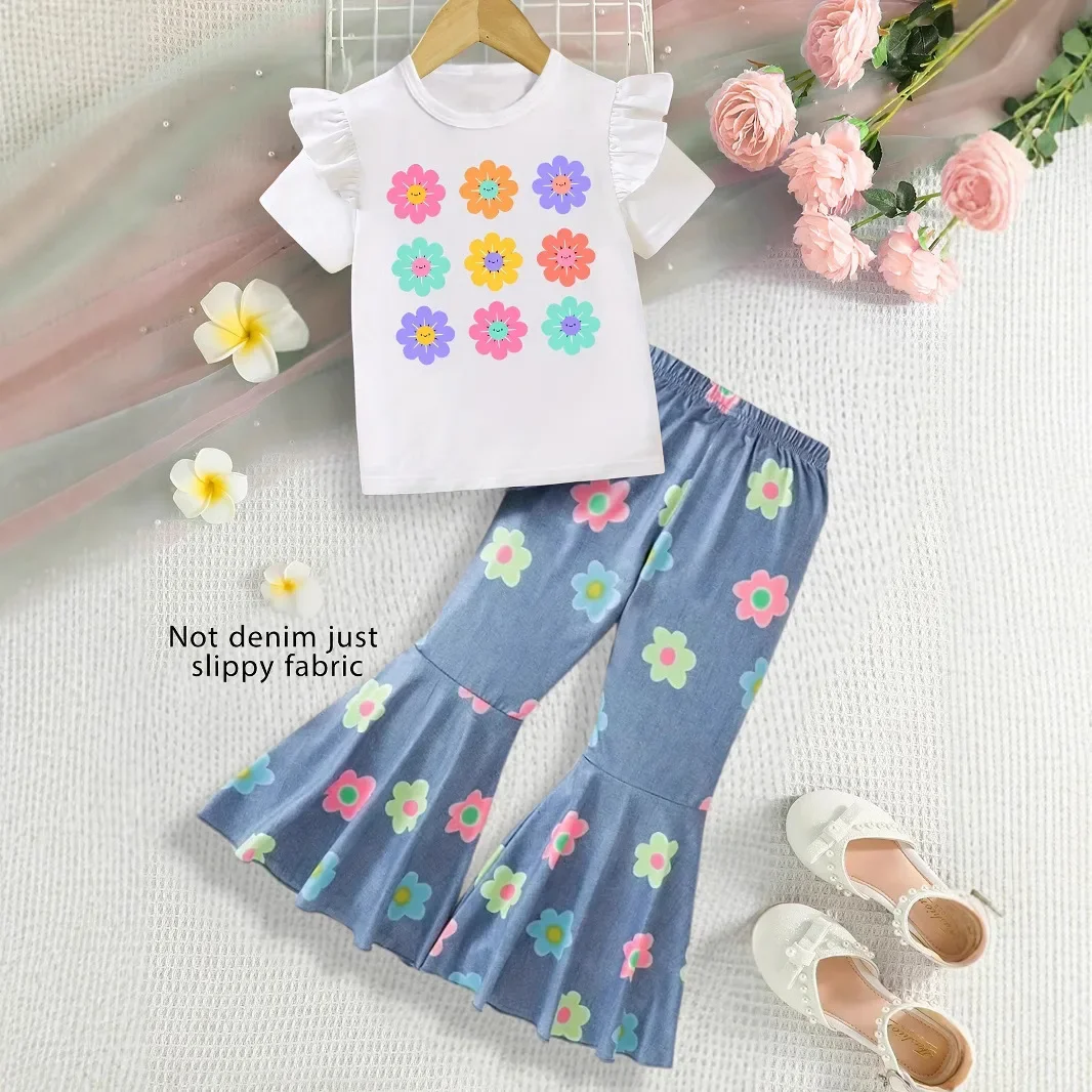 

New 2025 Girls Summer Fashion Clothing Sets Baby Girls Short Sleeve Floral Print O-neck T-shirt Tops + Flared Trousers Jeans