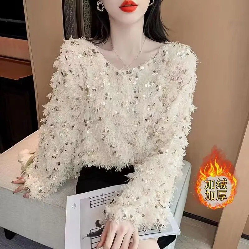 

2026 Autumn and Winter Clothing Fashion Sequined Fringed Pullover Women's Winter New Design Sense Can Be Niche Foreign Style Top