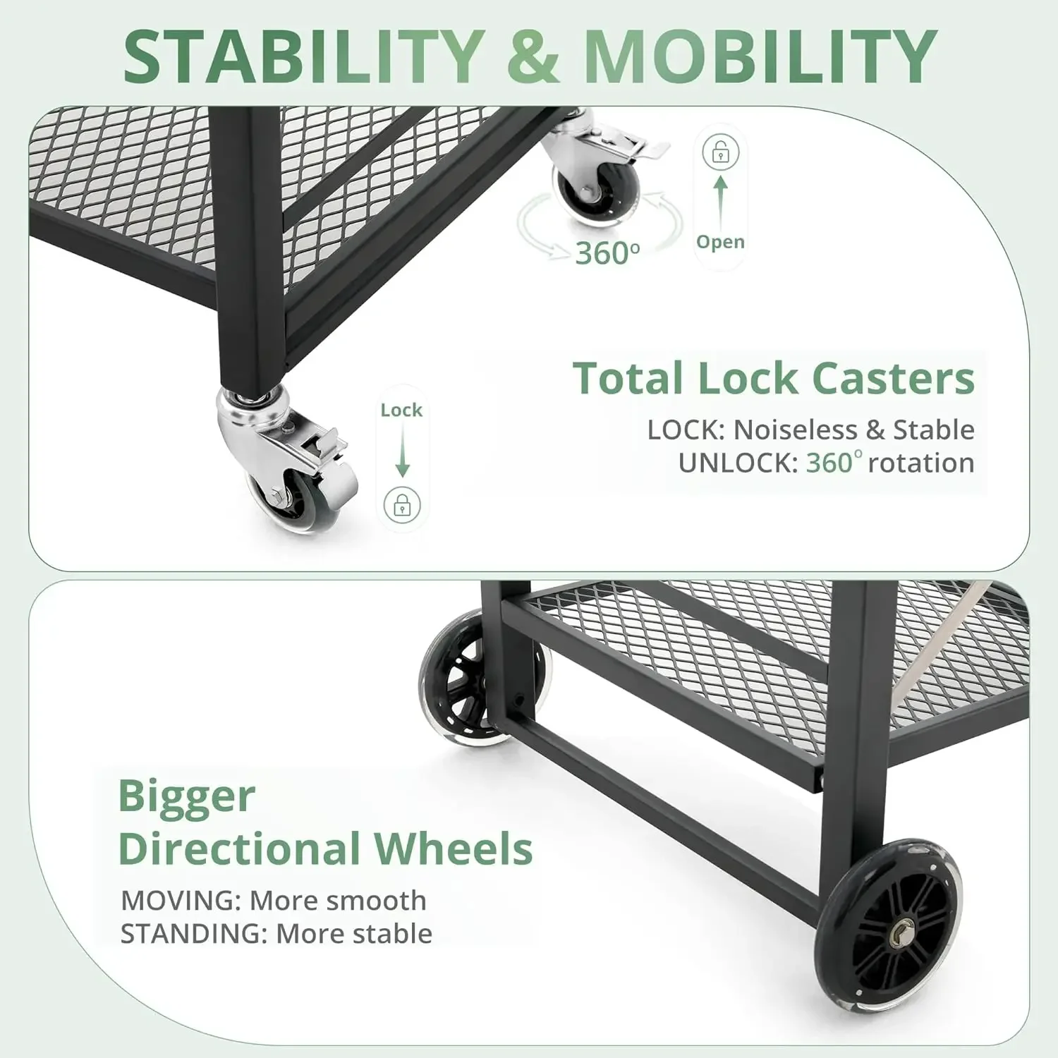 Foldable Outdoor Grill Cart with 2 Total Lock Casters, Stainless Steel Pizza Oven Stand, Rolling BBQ Table and 3 Shelf Folding K