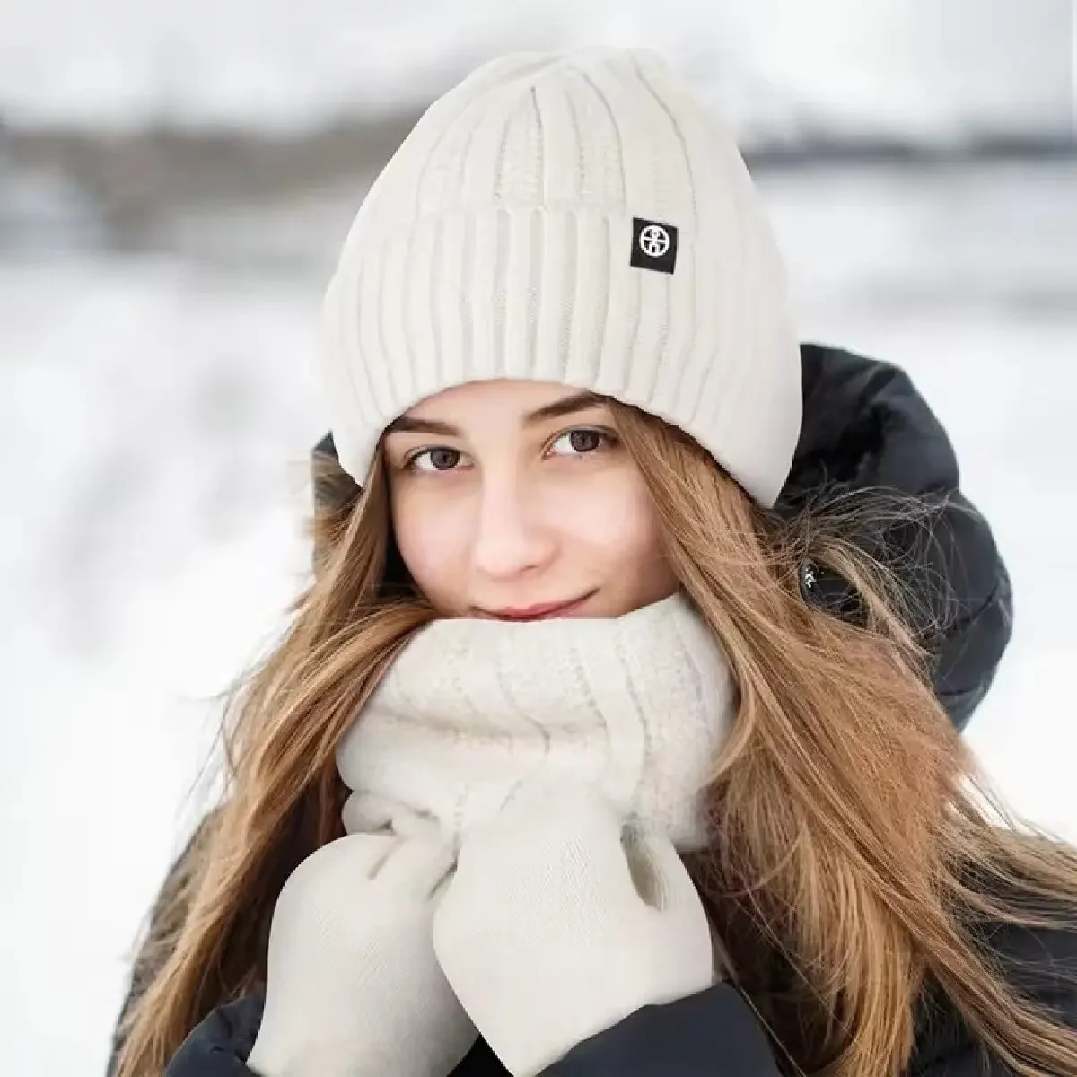 3pcs Winter Beanie Hat Gloves Snood Scarf Set Thickened Fleece Lined Neck Warmer Cap for Men Women