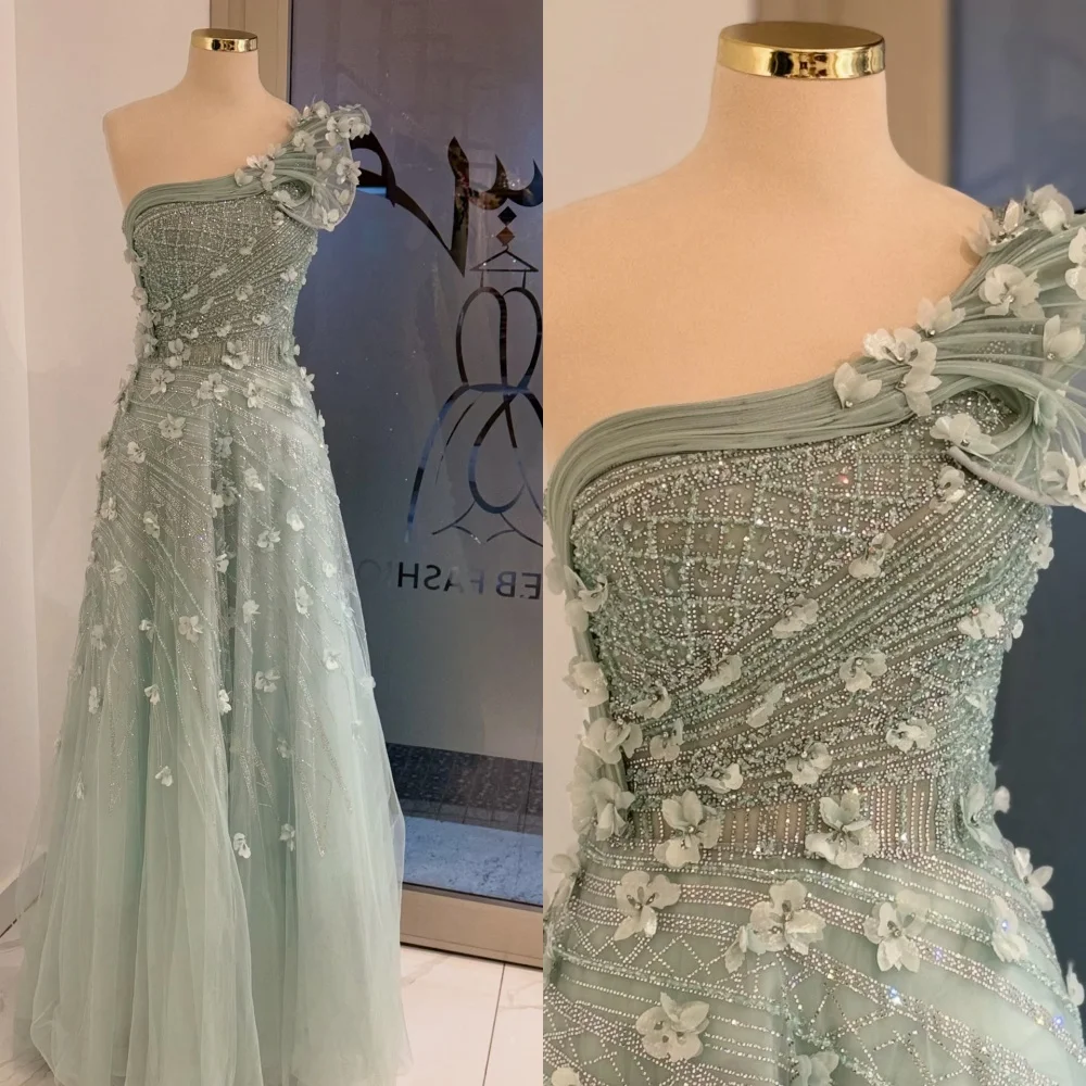 

Customized Exquisite One Shoulder Sleeveless Evening Dress High Quality Tulle Prom Dresses Temperament Crystal Party Gowns