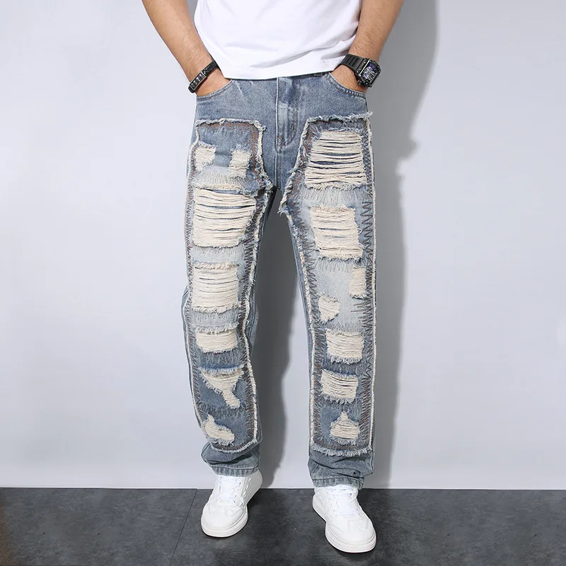 

Trendy Mens Jeans Skinny Patches Pants High Quality Casual Slim Fit Vintage Blue Personalized Men's Ripped Jeans Man Clothing