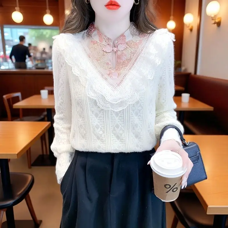 

Lace Long Sve Fce Lined Thiened Stand Collar Base irt Women's Faionable All Seasons Korean Straight Cut TT738