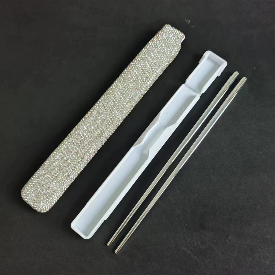 

316L Stainless Steel Chopsticks with Rhinestones Non-slip Sushi Food Metal Kitchen Tableware Set Eco-friendly Storage Box