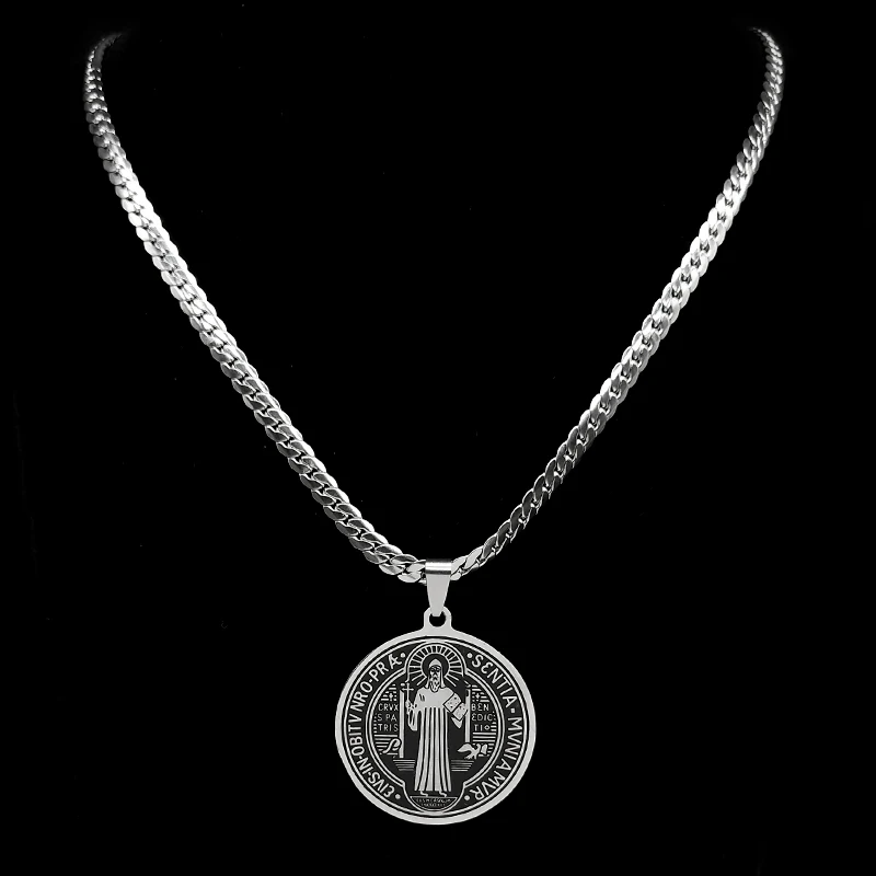 San Benito Exorcist Pendant Necklace for Women Men Stainless Steel Christian Saint Benedict Religious Amulet Chain Jewelry