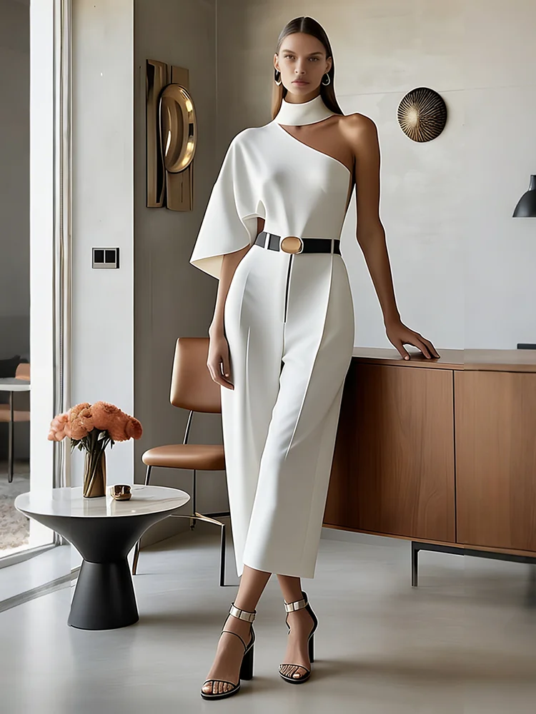 

Женский вечерний комбинезон-кюлоты с одним открытым плечом, высоким воротником, рукавами-накидками, поясом на талии, разрезом спереди, миди, элегантный, для вечеринок