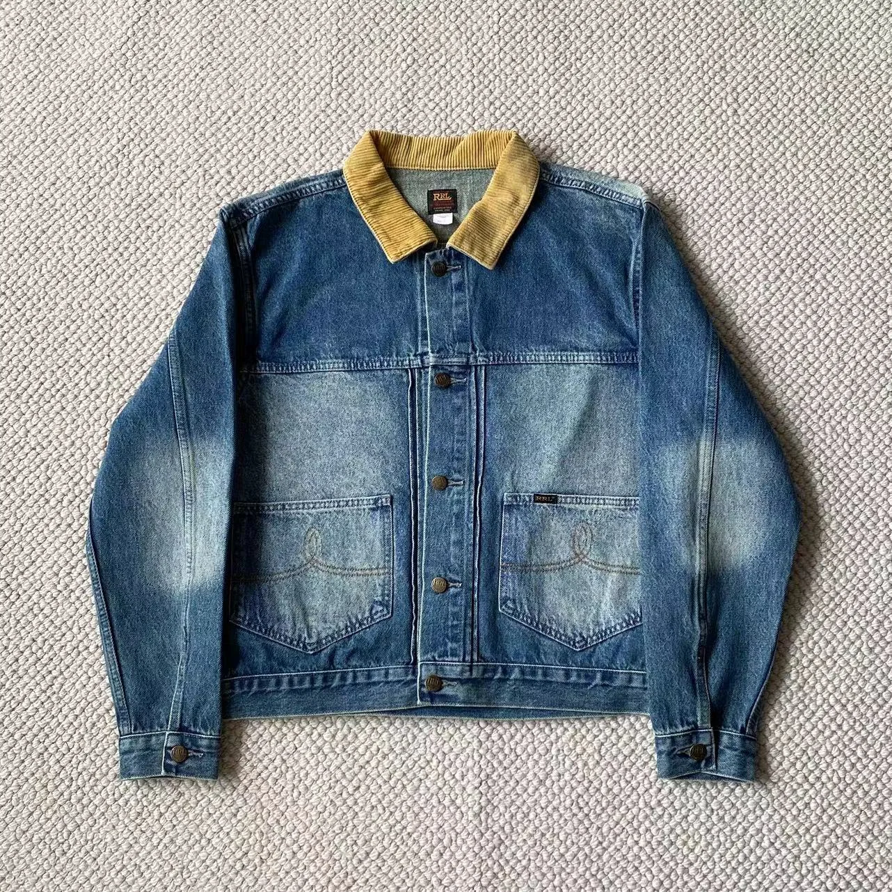 RL American retro washed denim jacket corduroy lapel top short casual versatile jacket for men