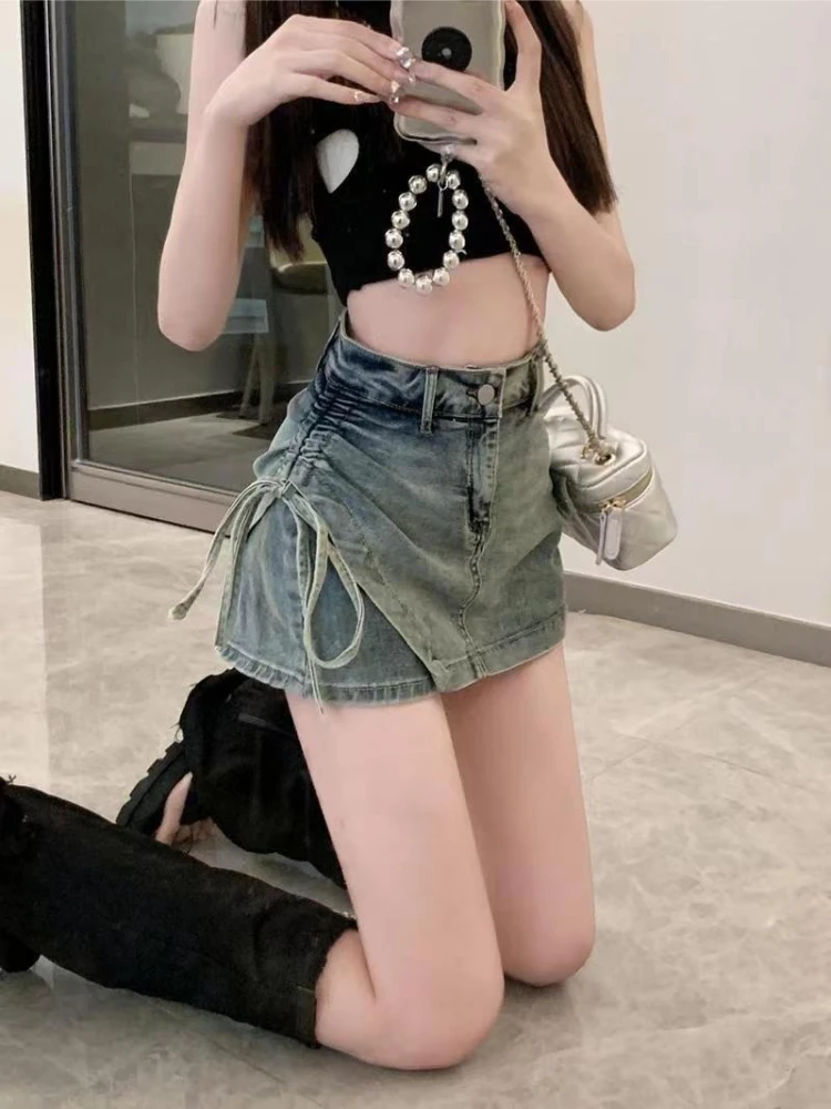 

Ins Trendy Spicy Girl Women's Vintage High Waist Slimming Bodycon Denim Skort Summer Short Skirt Anti Exposure