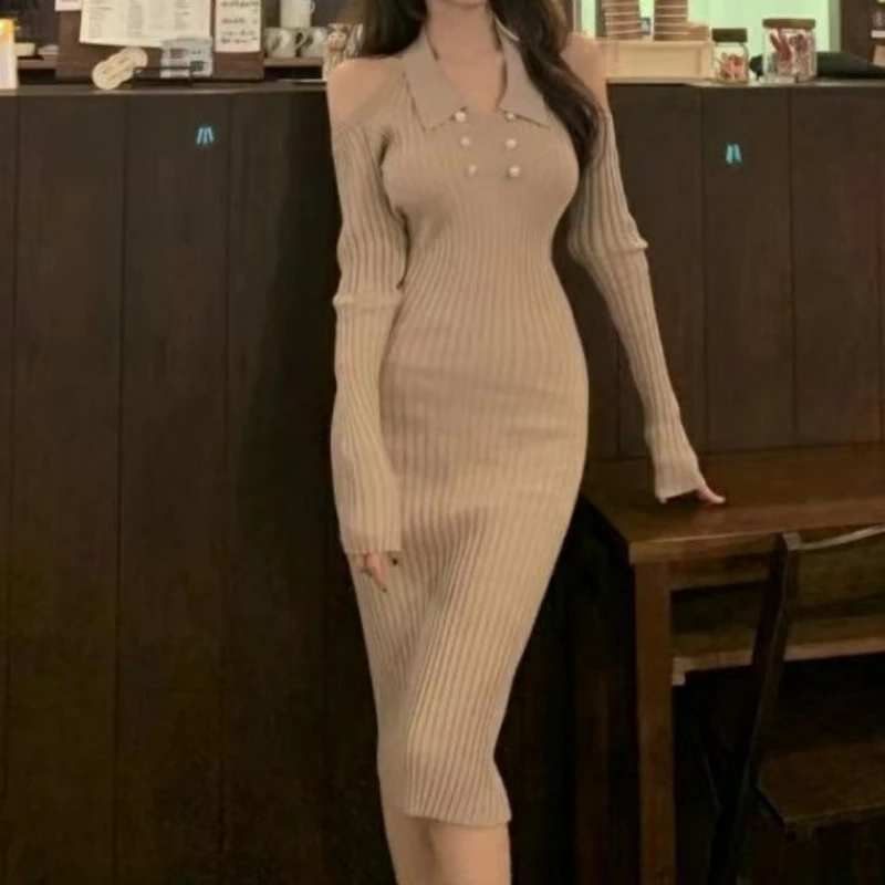 Mikydely Sexy  Backless Halter Strap Slim-Fit Dress Long Sleeve  Mid-length Sweater Dress