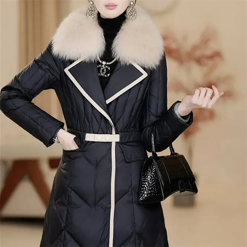 2024 Winter Women New Thickened Waist Imitation Down Jacket Imitation Big Fox Fur Collar Medium Long Belt Flip Collar High end