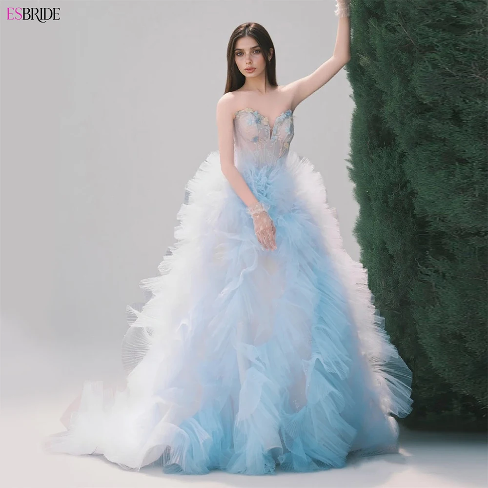 ESBRIDE abito da sposa azzurro nuovo senza spalline ricamo floreale abito da sposa da sposa di fascia alta fantasia gonna gonfia