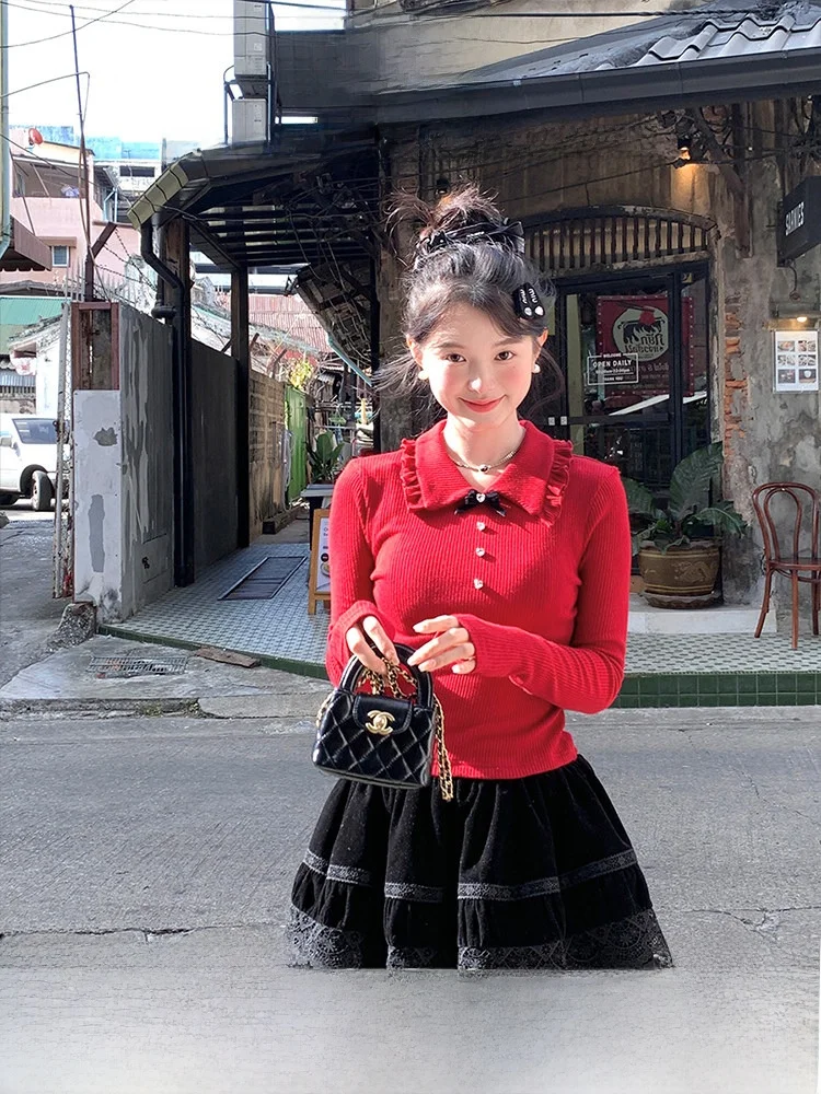 

Acaine Sweet Girl Red Long Sve Knitted Base irt Women's Vintage Personali Top Polyester Fiber Spandex Spring Faion