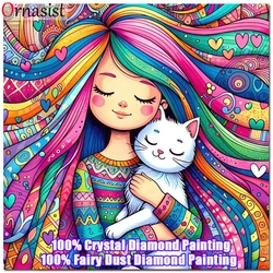 5D DIY Fairy Dust Diamond Embroidery Cartoon Girl Rhinestones Picture Cat Crystal Mosaic Painting Cross Stitch Kit Handmade Gift