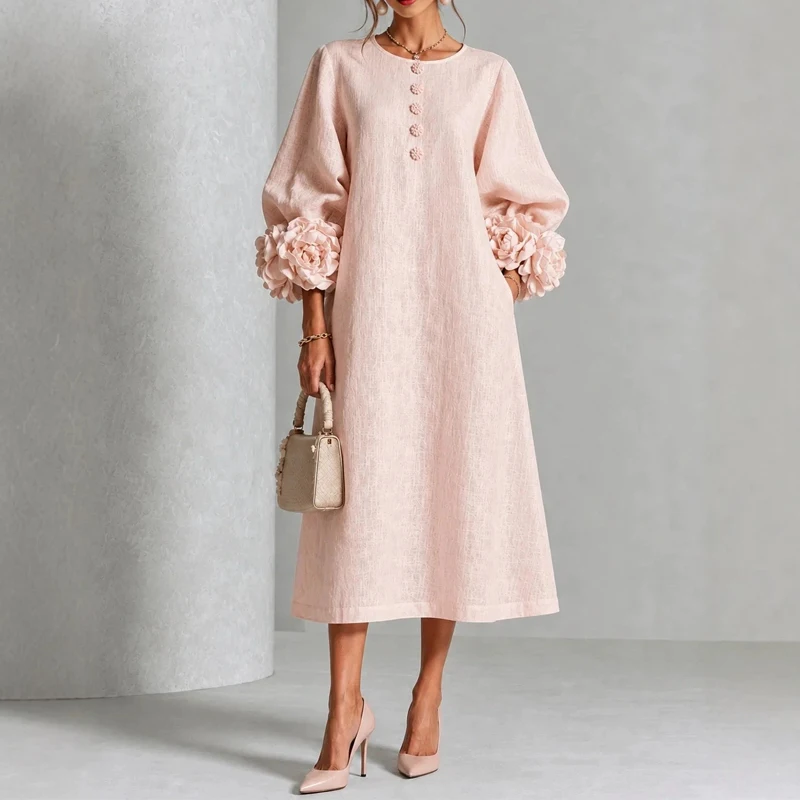 Autumn Fashion O-Neck Lantern Sleeve Dress French 3d Flower A-Line Office Commuting Dress Cotton Linen Simple Solid Loose Dress