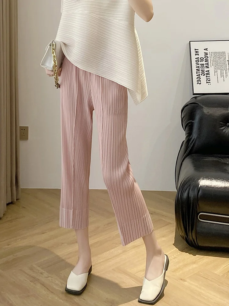 Casual Loose Women's Pleated Pants Three Houses Style Summer New Nine Points Elastic Waist Slimming Trendy Polyester Fiber