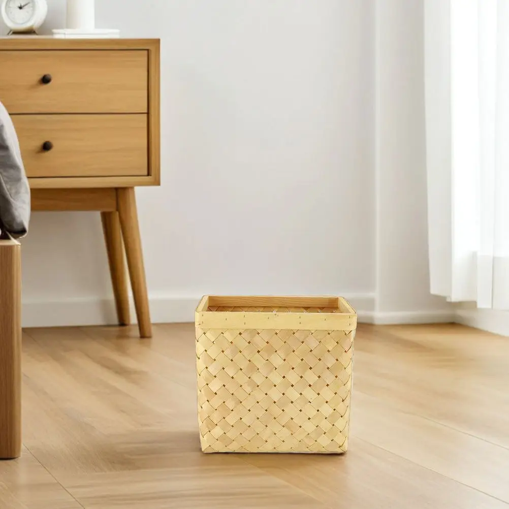 Vintage Japanese Style Woven Trash Can Decorative Waste Basket for Bedroom Bathroom Office Living Room Kitchen Beige