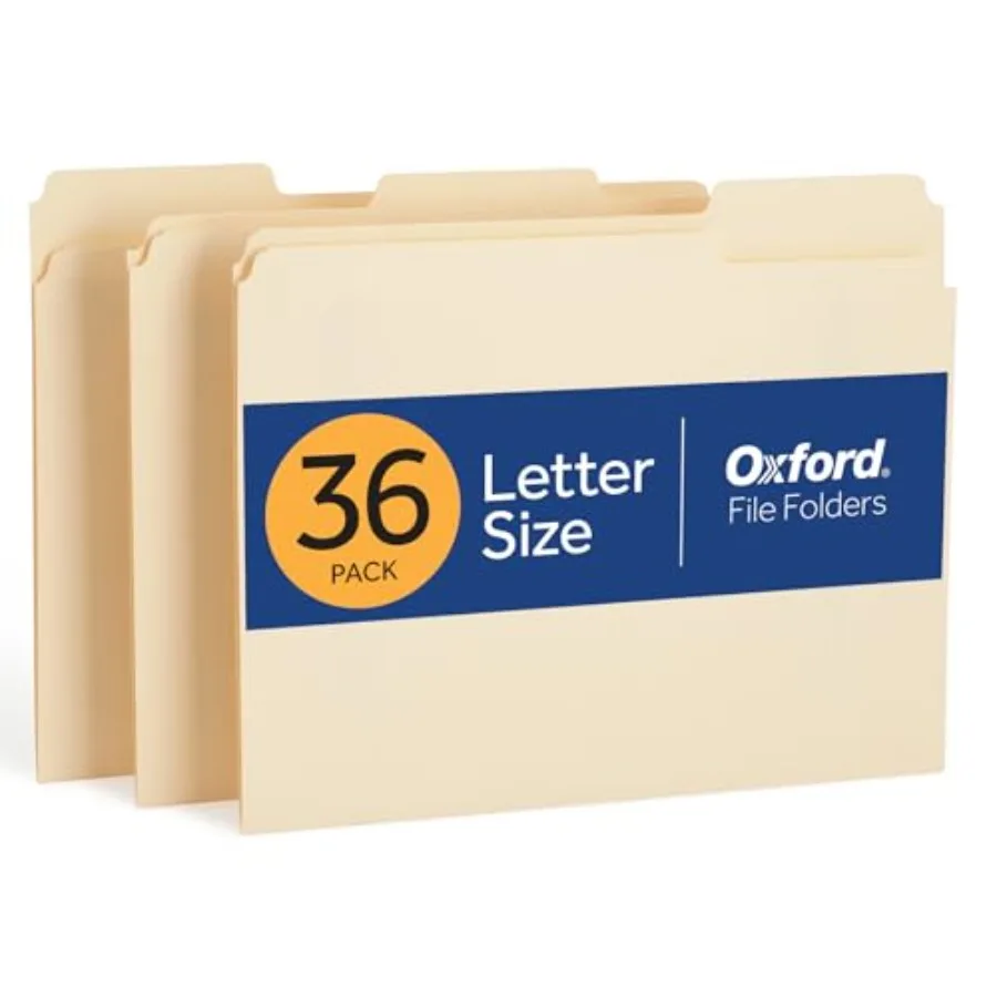 

File Folders, 36 Pack, Letter Size 8.5" x 11",3 Tabs, Durable Manila Paper, for School, Office and Home Document Organization