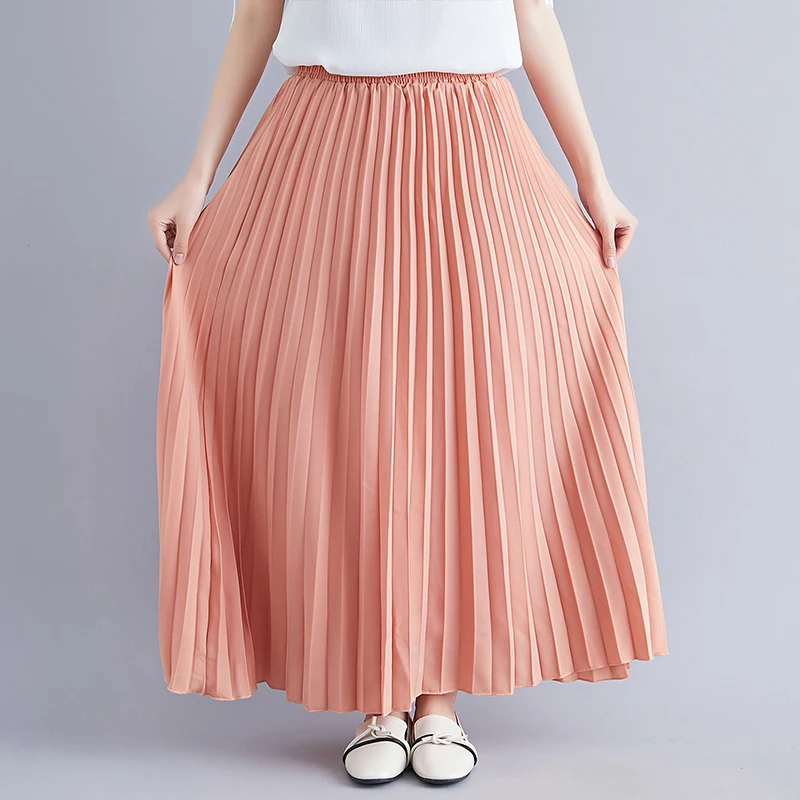 

Юбка-миди трапециевидной формы с высокой талией, женские летние шифоновые плиссированные длинные юбки с эластичной резинкой на талии, обычный цвет и больших размеров