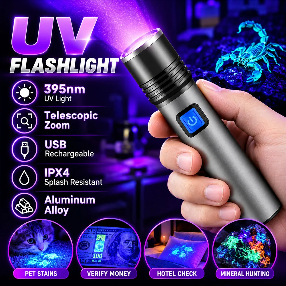 Telescopic Zoom Ultraviolet Flashlight 395nm Black Light USB Rechargeable Aluminum Alloy Lamp with IPX4 Waterproof Great for