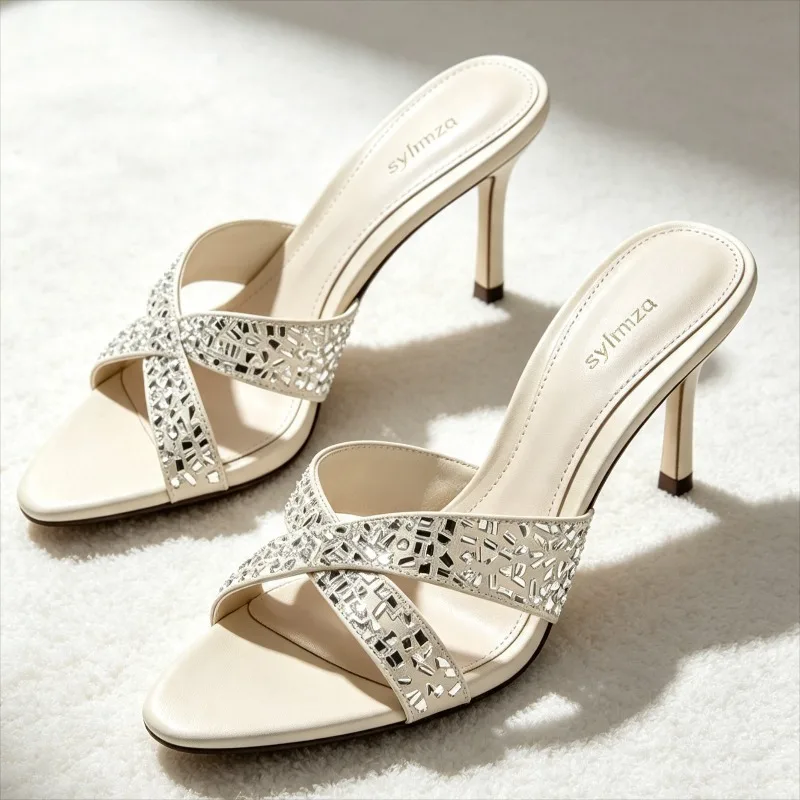 Luxury Crystal-embellished Cross Straps Slide Sandals Women Fashion Round Toe Open-toe Mules Sandals Luxury Banquet Dress Shoes