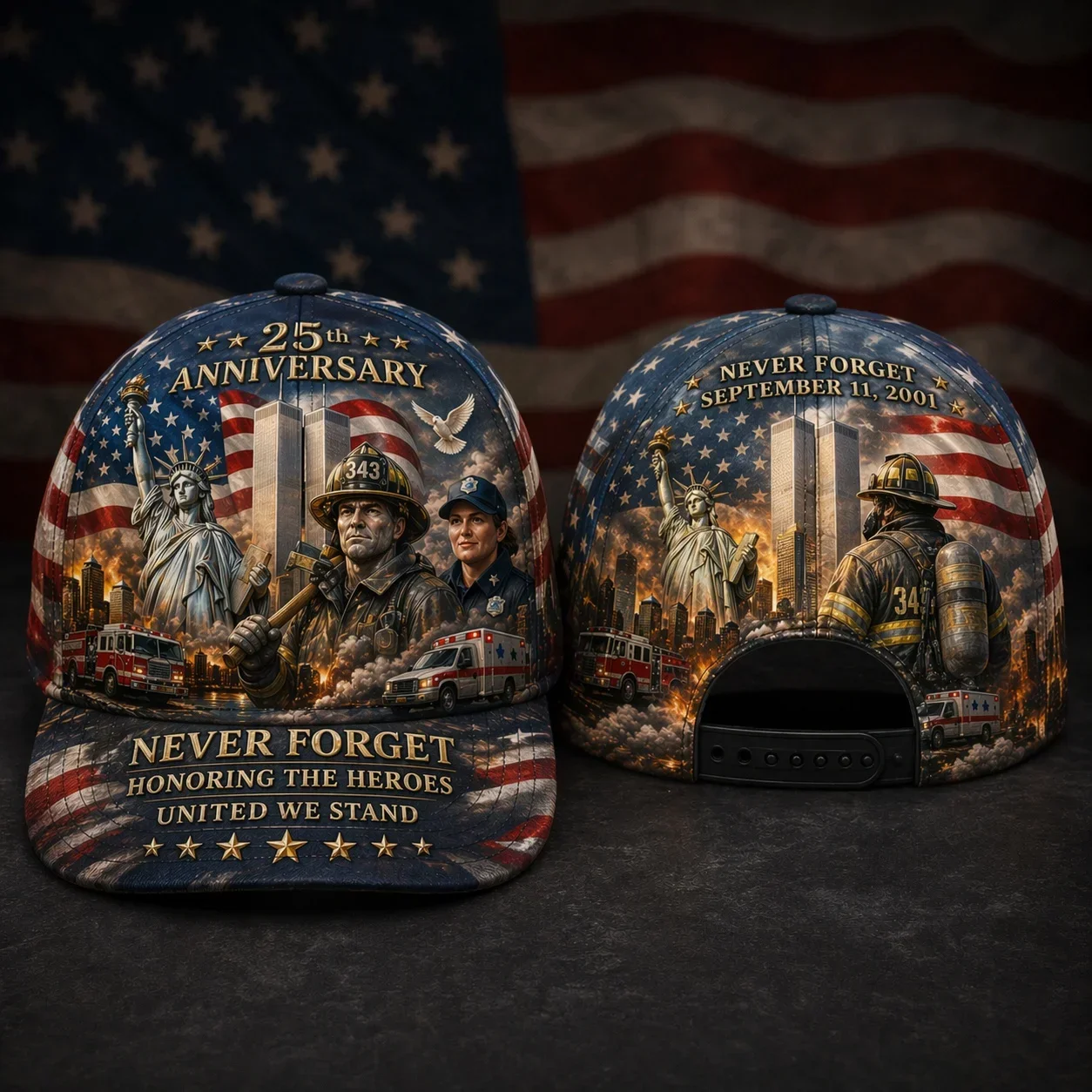 Customization Hats We Will Never Forget 911 Memorial All Over Print Adjustable Baseball Cap, Honor & Remember Candle Vigil Hat